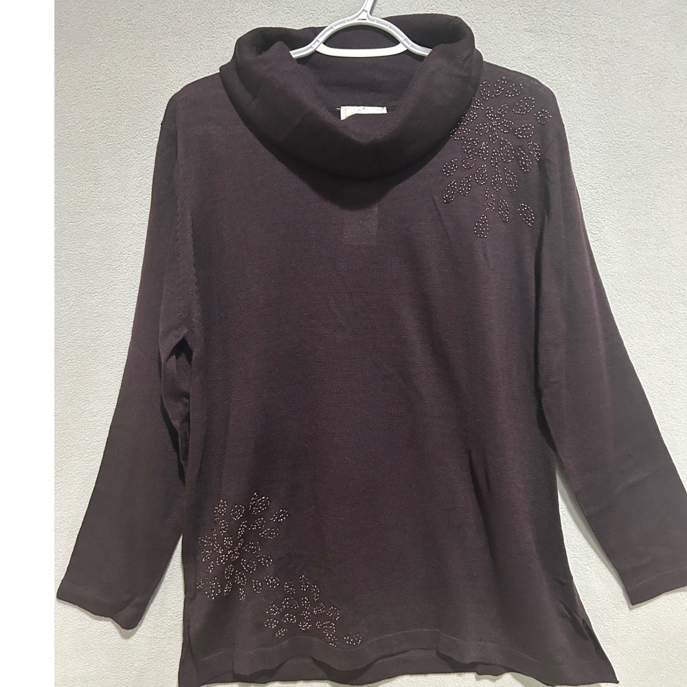 Coldwater Creek Sweater Large Petite Purple Beaded Cowl Neck Knit Top